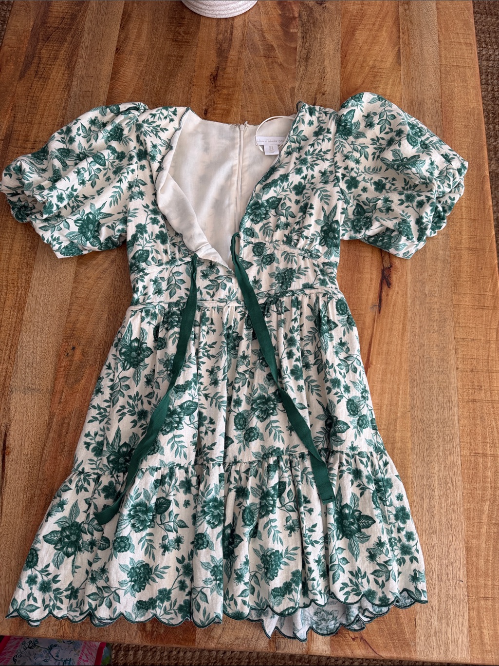 House Of Harlow 1960 Cream Dress With Green Floral Print And Puff Sleeves